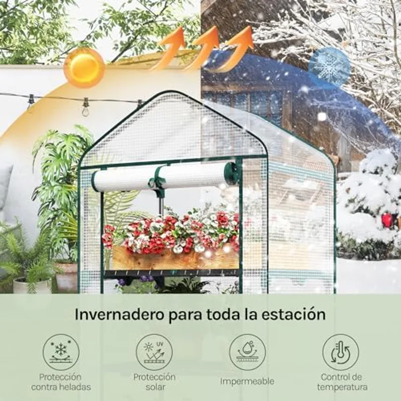 Invernadero WOLTU de balcón desmontado y plegado para almacenaje, junto a las piezas del armazón