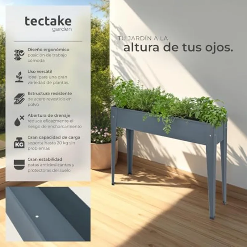 Detalle del fondo perforado y las patas metálicas de la jardinera tectake antracita