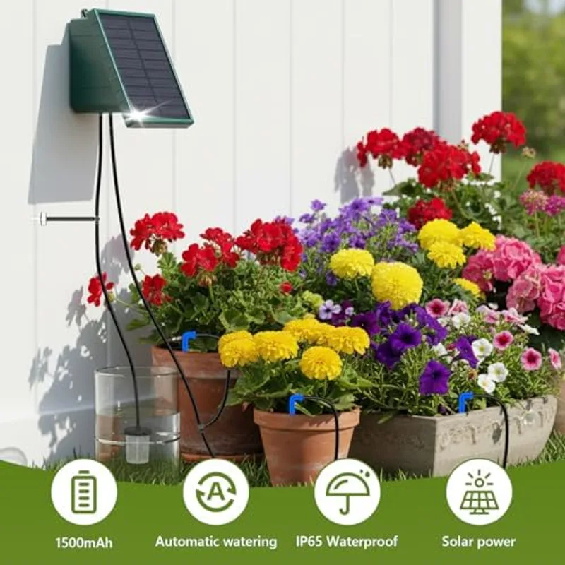 Detalle del regulador solar Onherm y las flechas de goteo conectadas a la manguera