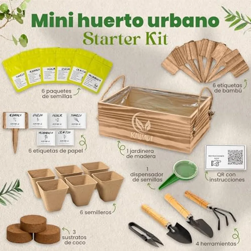 Mini huerto urbano Kiwavi con albahaca, perejil, cilantro y hierbabuena germinadas en ventana