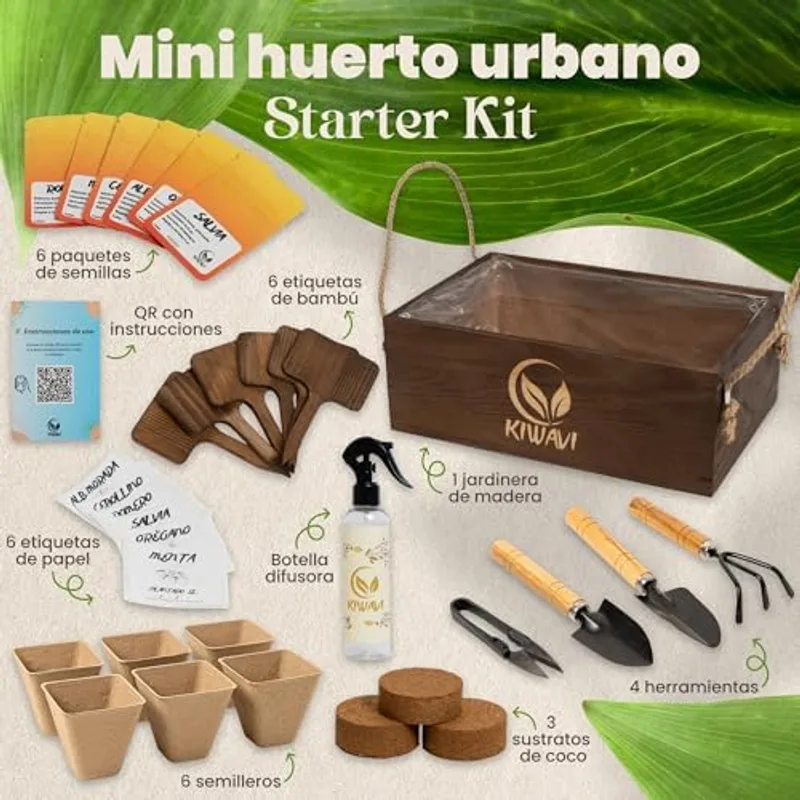 Pastillas de coco prensado y semilleros biodegradables del kit Kiwavi antes de hidratar para sembrar romero, salvia y orégano