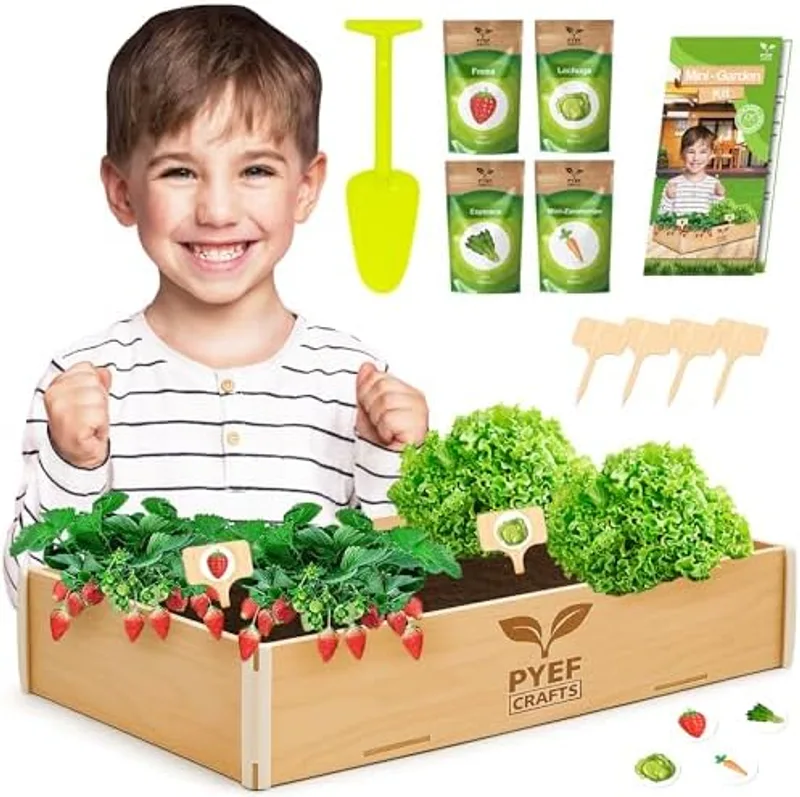 Kit cultivo niños PYEF Crafts: contenido del pack con caja de madera, semillas y herramientas