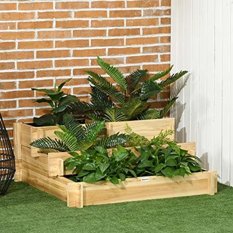 Detalle de los compartimentos interiores de la jardinera Outsunny con tela no tejida negra visible en los laterales