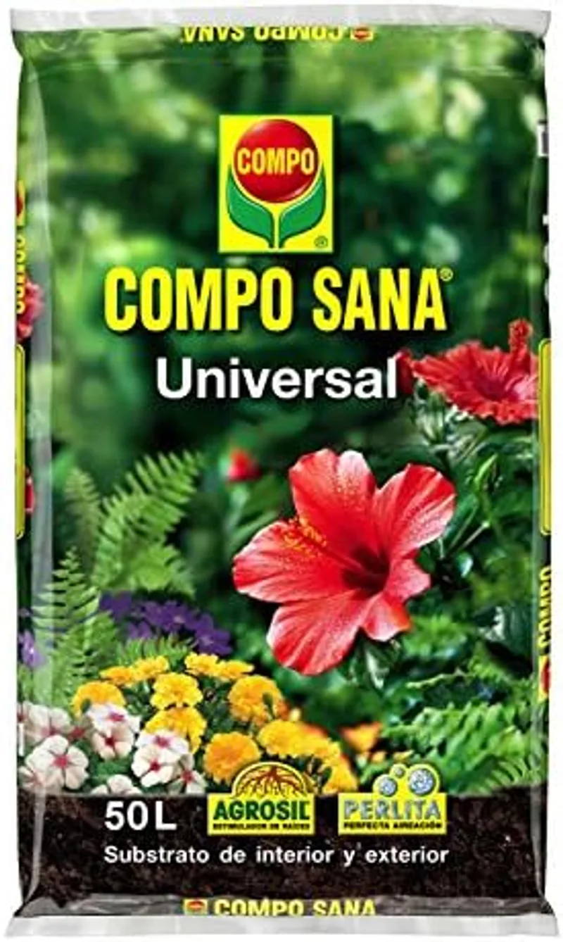 Saco de 50 litros de Compo Sana Substrato Universal sobre fondo blanco