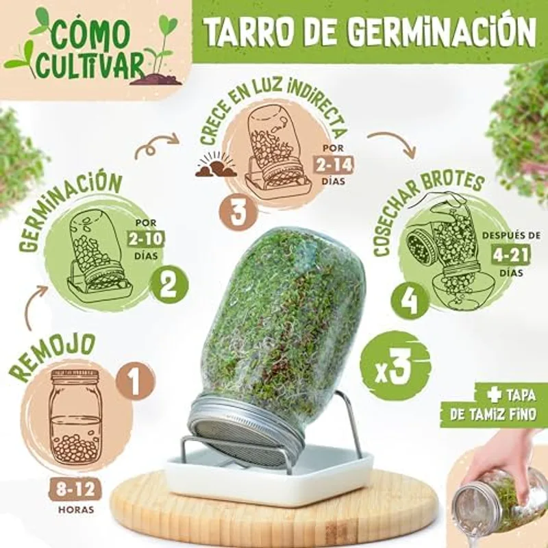 Bandeja extra tipo colador del kit ZenGreens junto al tarro de cristal, usada para brotes de berro y microgreens que no rinden bien en tarro