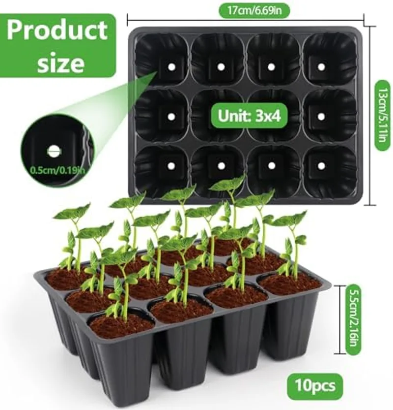 Bandejas de semillero de 120 celdas con tapa propagador y plántulas recién germinadas