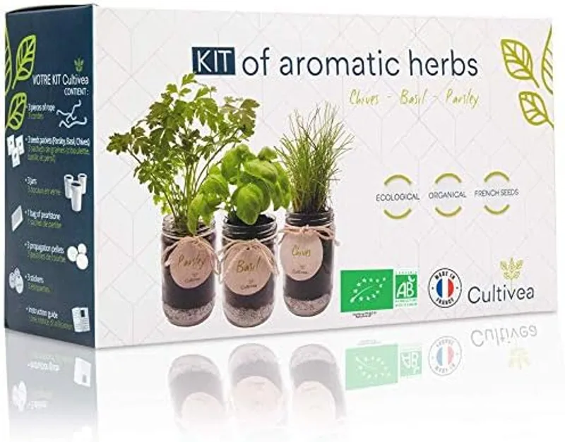 Cultivea Kit cultivo hierbas aromáticas BIO con tarros de cristal y cordón de macramé