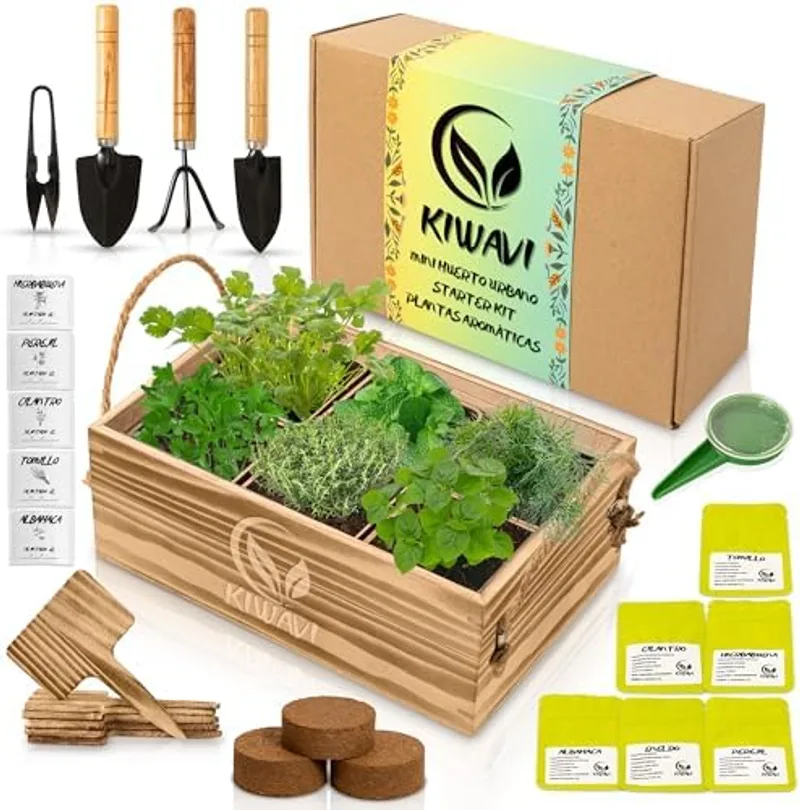 Kit de mini huerto urbano Kiwavi con tarros etiquetados de las 6 aromáticas