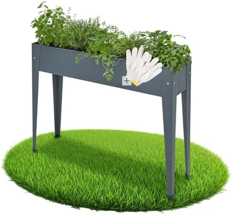Jardinera tectake en color antracita con patas finas sobre terraza, plantada con hierbas aromáticas