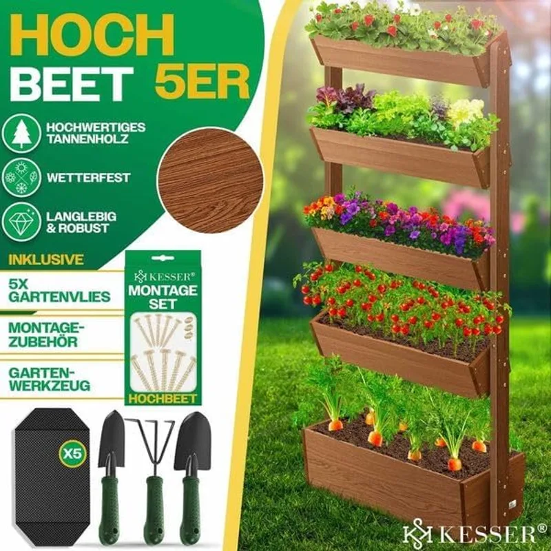 Huerto vertical KESSER de 5 niveles en un balcón estrecho con macetas escalonadas