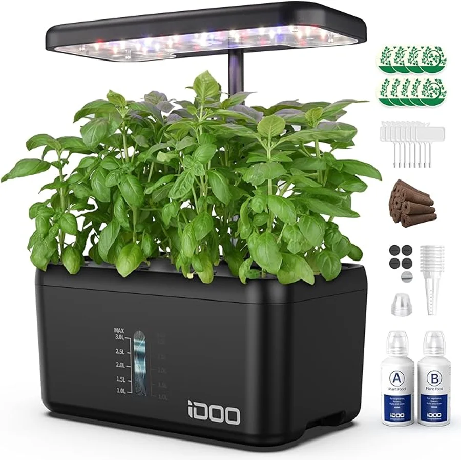 iDOO Sistemas de Cultivo hidropónico, 8 vainas Inteligente jardín Interior con luz LED de Plantas, Temporizador automático Kit de jardín de Hierbas de Interior, 38 cm de Altura Ajustable, Negro