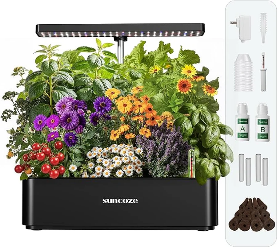 SUNCOZE Sistema de Cultivo Hidropónico Kit de Cultivo Interior con Iluminación LED Automática, Smart Garden 12 Pods, Altura Regulable, depósito de Agua de 4 l, Bomba silenciosa,Negro