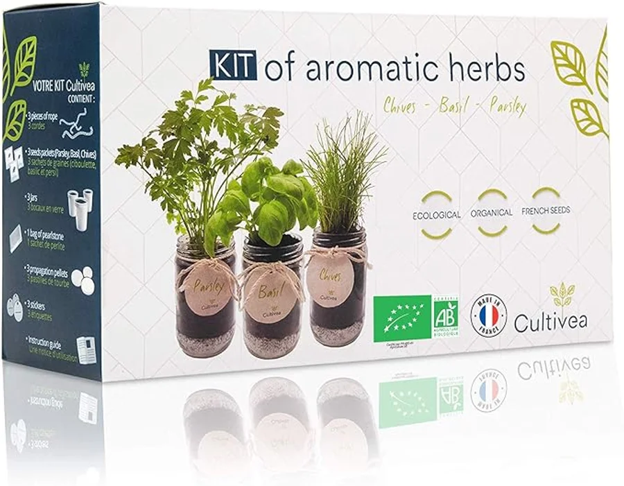 Cultivea® Kit cultivo hierbas aromáticas BIO – Albahaca, Perejil y Cebollino – Huerto urbano interior con tarros de cristal y tierra – Regalo sostenible – Mini huerto cocina ecológico