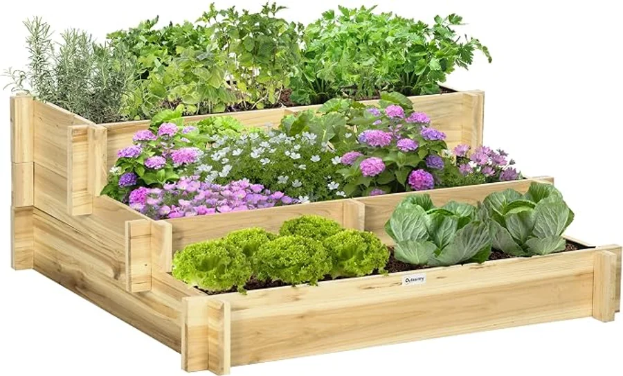 Outsunny Jardinera de Madera Elevada de 3 Niveles 93x93x35 cm con diseño de escalera y tela no tejida