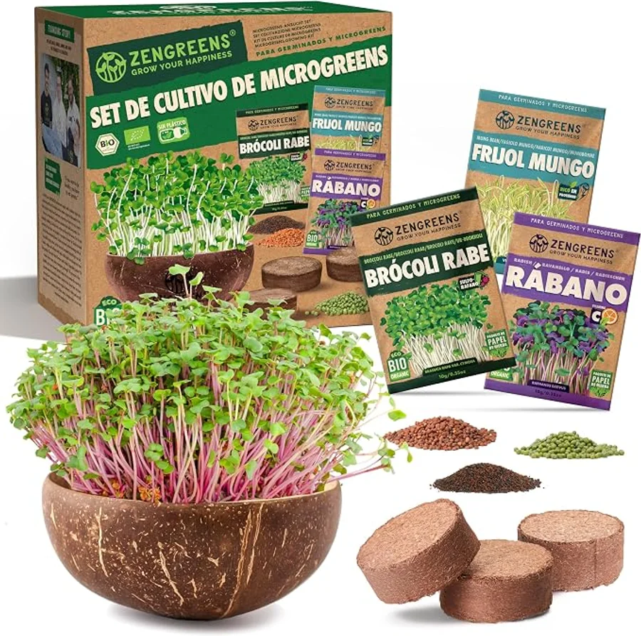 ZenGreens Set de cultivo de microgreens eco - incl. cáscara de coco y 3 tipos de semillas - kit de germinación